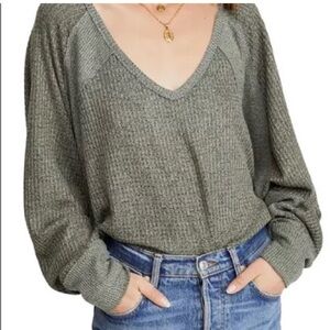 Free People “We The Free” Thermal V-Neck Top Olive Green - XS “Santa Clara Top”